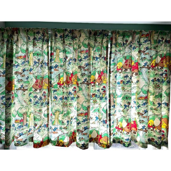 Vintage 70s curtain, Smurfs, comic, movie characters, pleated panel, price for 1 - Picture 2 of 10